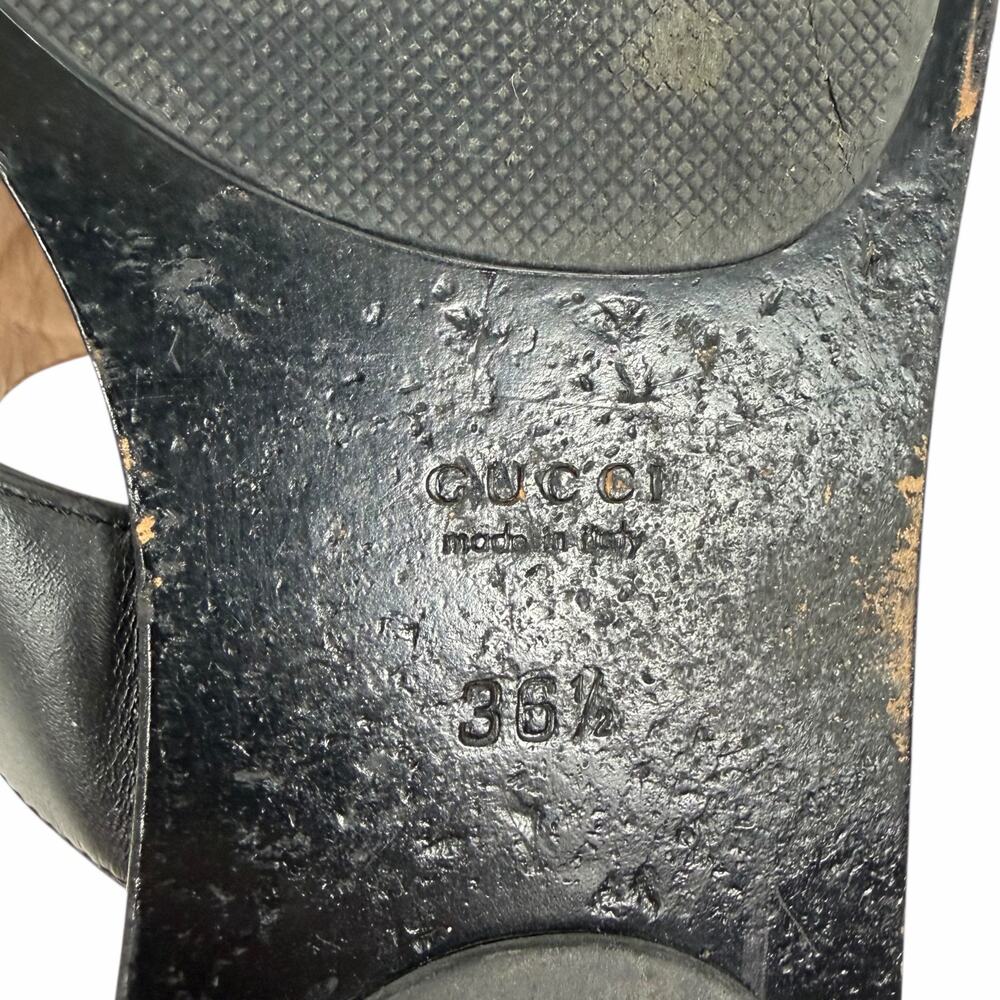 Gucci Black Leather Thong Sandal Gold Double G Logo Size 36.5 - Picture 11 of 14
